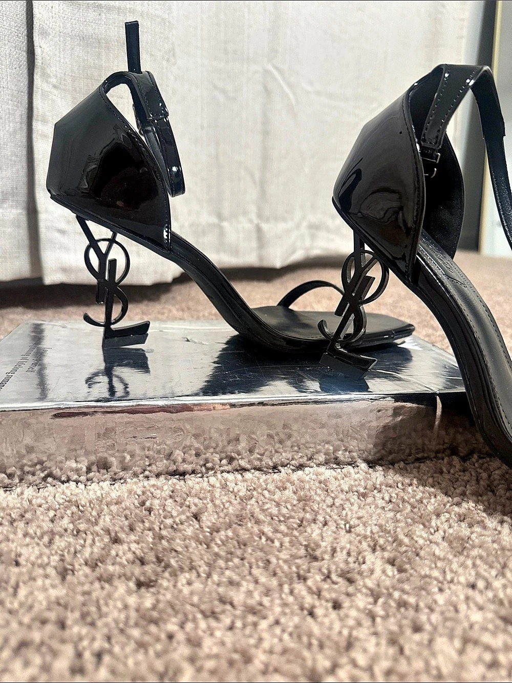 Saint Laurent Opyum Patent Leather Sandals with YSL Heel Black